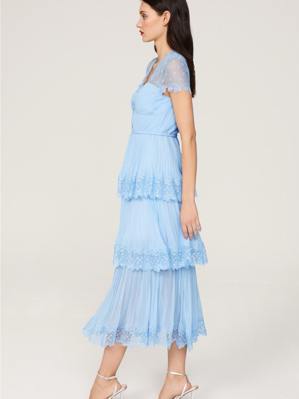 Self-Portrait Blue Tiered Lace Chiffon Midi Dress US 4 UK 8